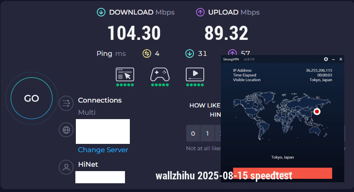附上我的测速图Strongvpn speedtest