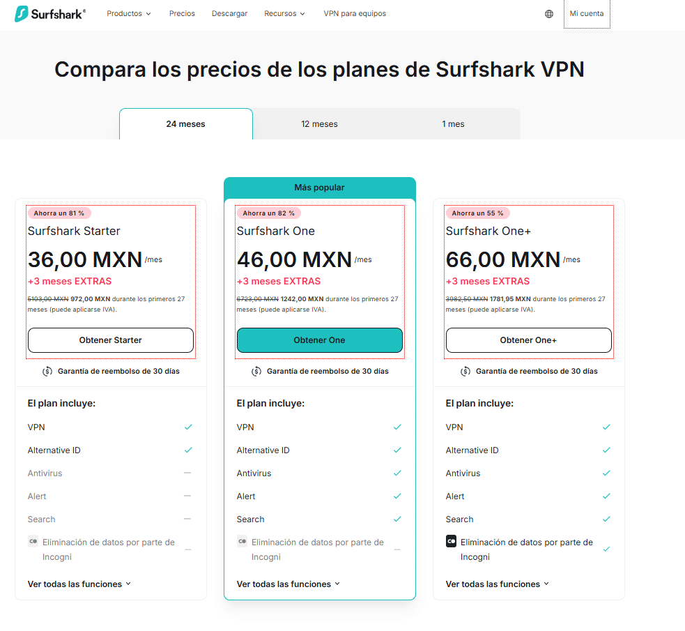 Paso 2: Selecciona el plan que prefieras. El más popular es el de 24 meses con un 81% de descuento, que cuesta alrededor de 2,30 USD al mes, con garantía de reembolso de 30 días