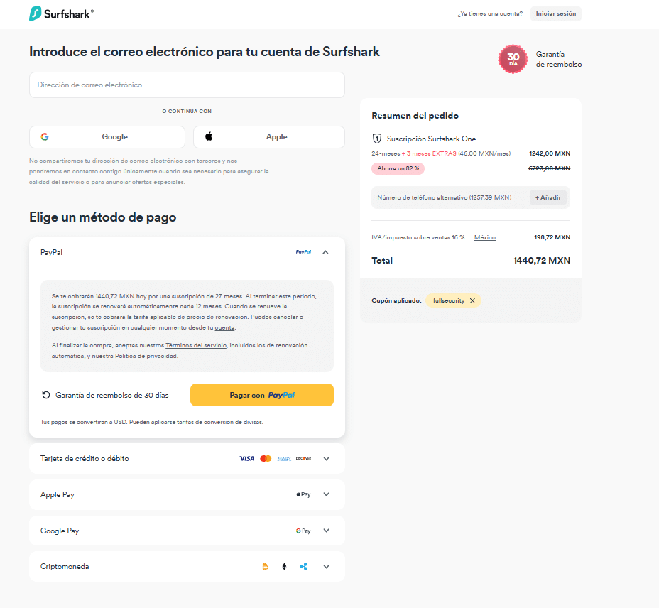 Elige un método de pago: tarjeta de crédito (Visa/Mastercard), PayPal, Google Pay, Amazon Pay o criptomonedas.