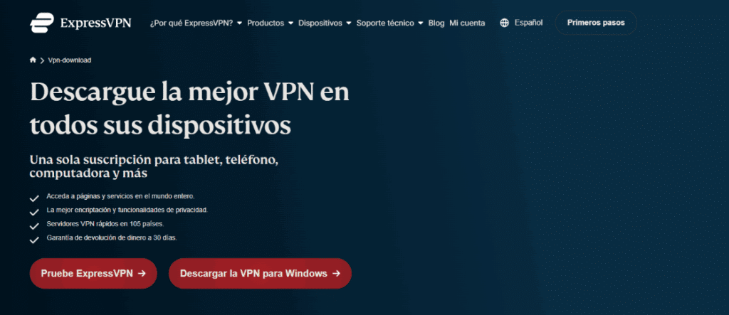 Paso 4: Descarga la aplicación de ExpressVPN desde la sección Products de la página oficial y selecciona tu sistema operativo (Windows, macOS, Linux, Android o iOS).