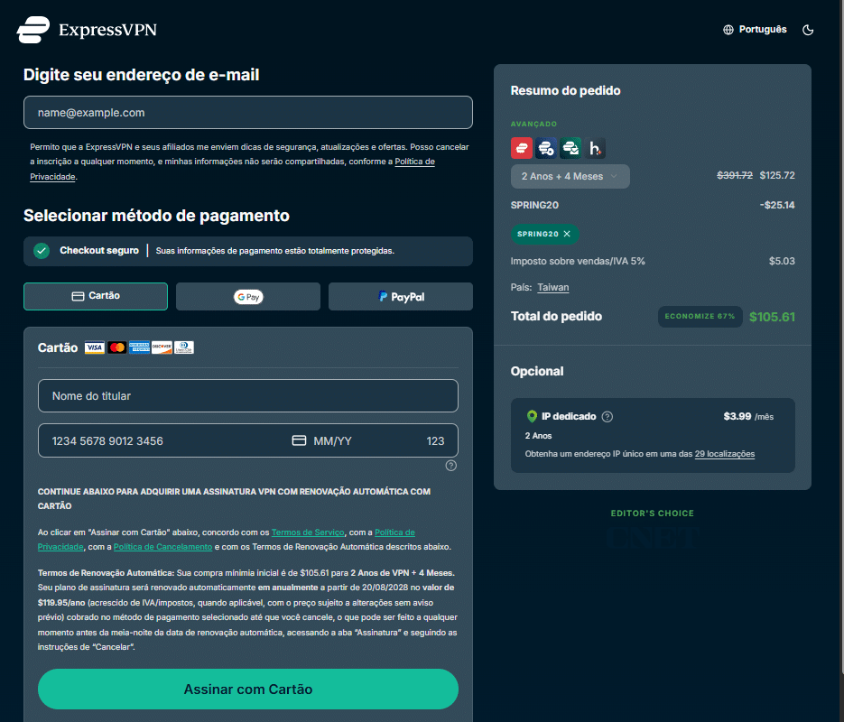 Após escolher o plano, insira seu e-mail e método de pagamento. Após a compra, o ExpressVPN enviará um e-mail com seu recibo e senha, então preencha corretamente. (Nota: ExpressVPN não aceita Pix).