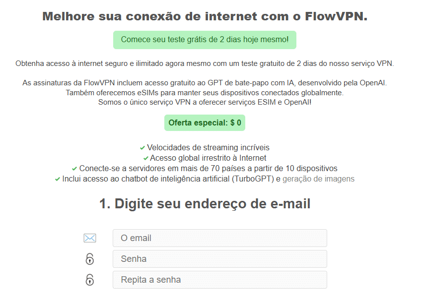 Passo 1: Acesse o site oficial do FlowVPN, crie uma conta e insira seu e-mail, sem preocupações com vazamento de informações.